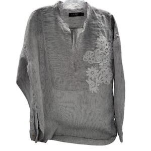 Lauren Ralph Lauren Linen LRL Monogram Applique Long Sleeve Blouse Womens Sz  LG